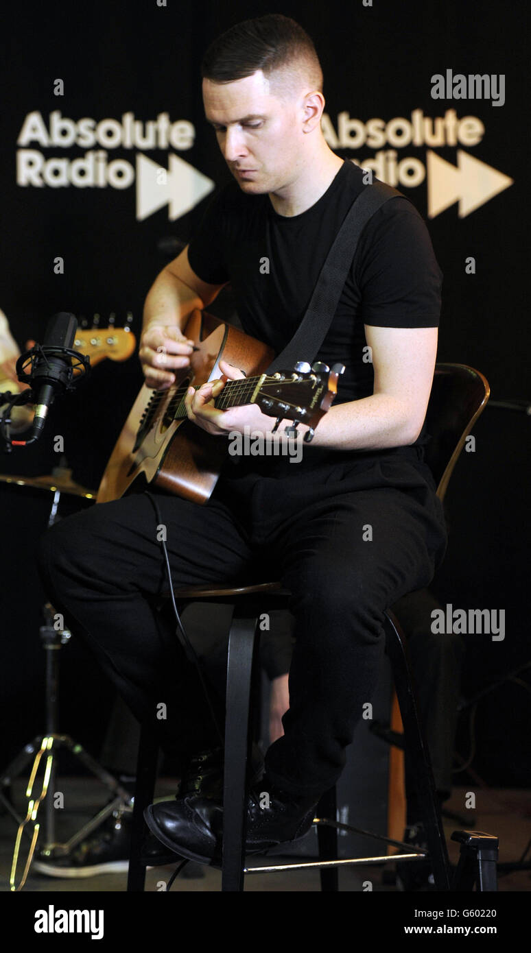 Hurts Absolute Radio session - London. Adam Anderson of Hurts performs during a live music session for Absolute Radio at their studios in London. Stock Photo