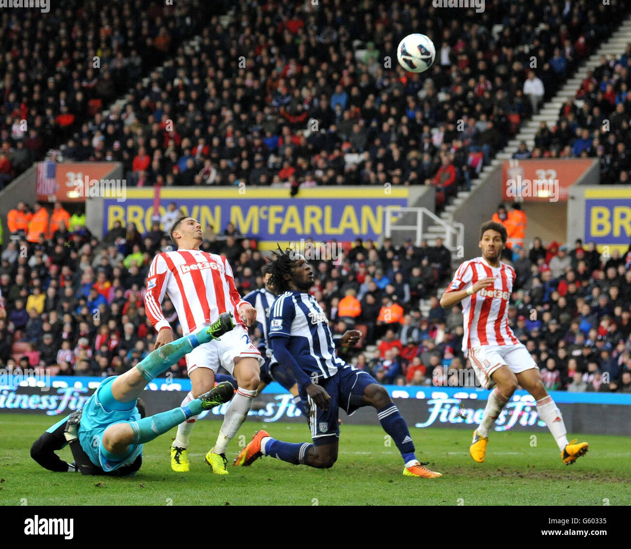 West Bromwich Albion's Romelu Lukaku sees his effort go over the bar during the Barclays Premier League match at the Britannia Stadium, Stoke. Stock Photo