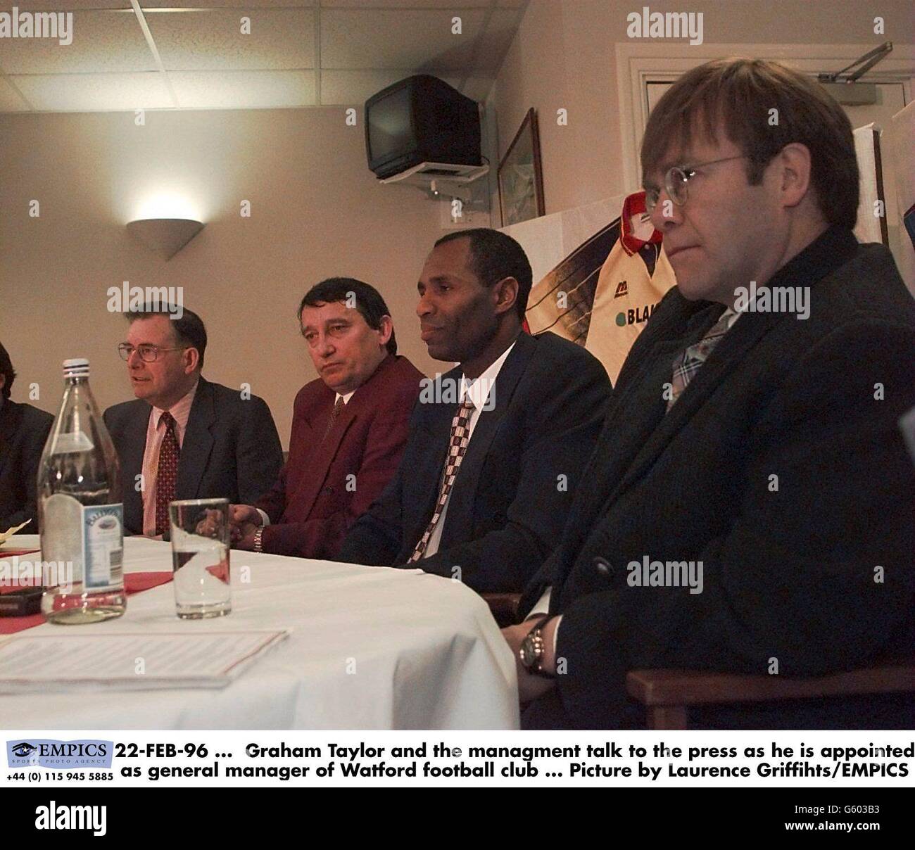 22-FEB-96. Graham Taylor (second left), Luther Blissett (second right) and Chairman Elton John (right) talk to the press, as Taylor is appointed as General Manager of Watford Football Club. Picture by Laurence Griffiths/EMPICS Stock Photo