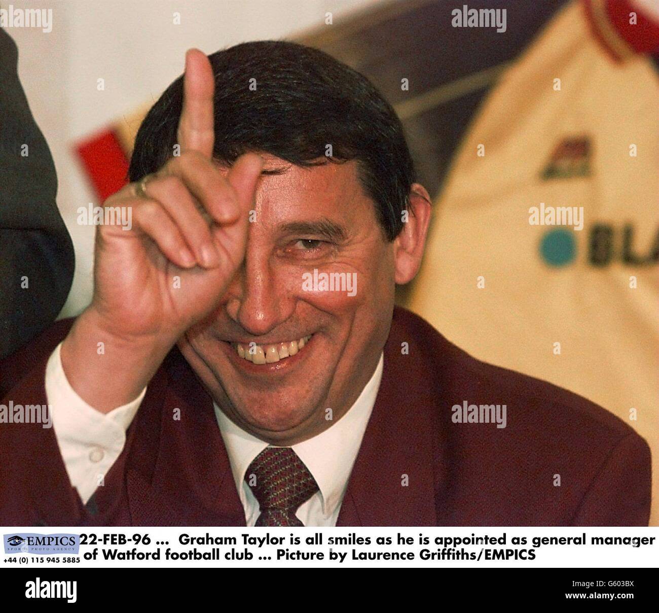 22-FEB-96. Graham Taylor is all smiles as he is appointed as General Manager of Watford Football Club. Picture by Laurence Griffiths/EMPICS Stock Photo