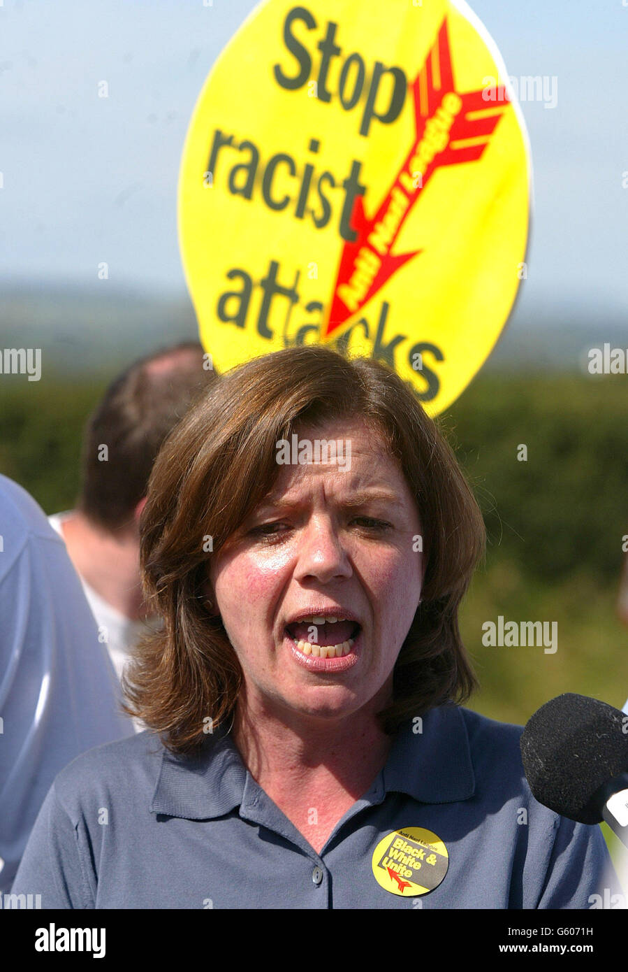 ANL National Organiser, Julie Waterson, speaks during a Anti Nazi League press conference, in Sawley, Lancashire, Members of the anti-racist party are trying to prevent the BNP's two-day carnival in the Sawley area of the Ribble Valley, in Lancashire, from going ahead. Stock Photo