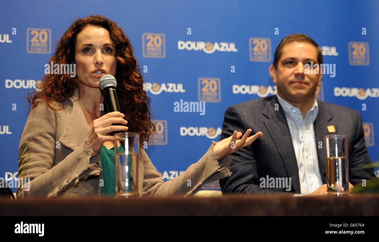 Andie MacDowell and DouroAzul CEO Mario Ferreira during a press conference at the DouroAzul Headquarters in Porto, Portugal. The Hollywood actress is in Porto to christen the 'Amavida', a new ship in the DouroAzul fleet. Stock Photo