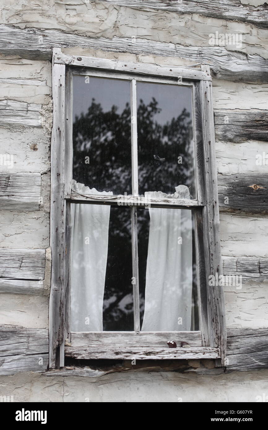 Old Log Cabin Window With Curtains Stock Photo 106956411 Alamy