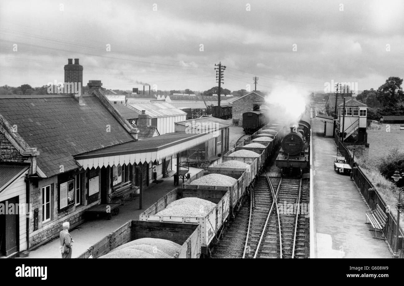 Shepton Mallet on the S&DJR looking south with a train of limestone in open wagons. Stock Photo