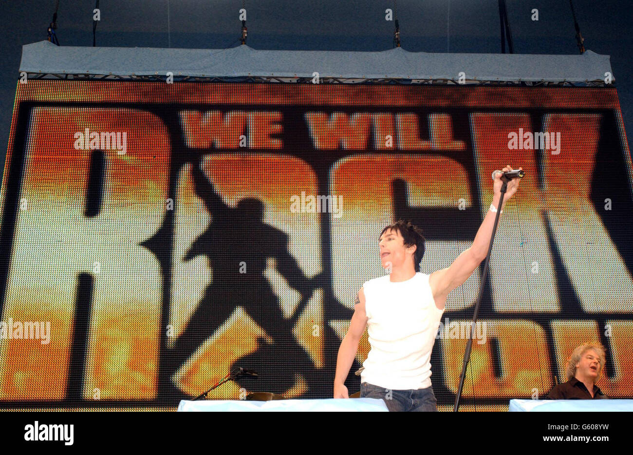 Tony Vincent, who plays Galileo in the Queen Musical 'We Will Rock You'  performing on stage during the 95.8 Capital Radio Party in the Park, in  Hyde Park, London in aid of