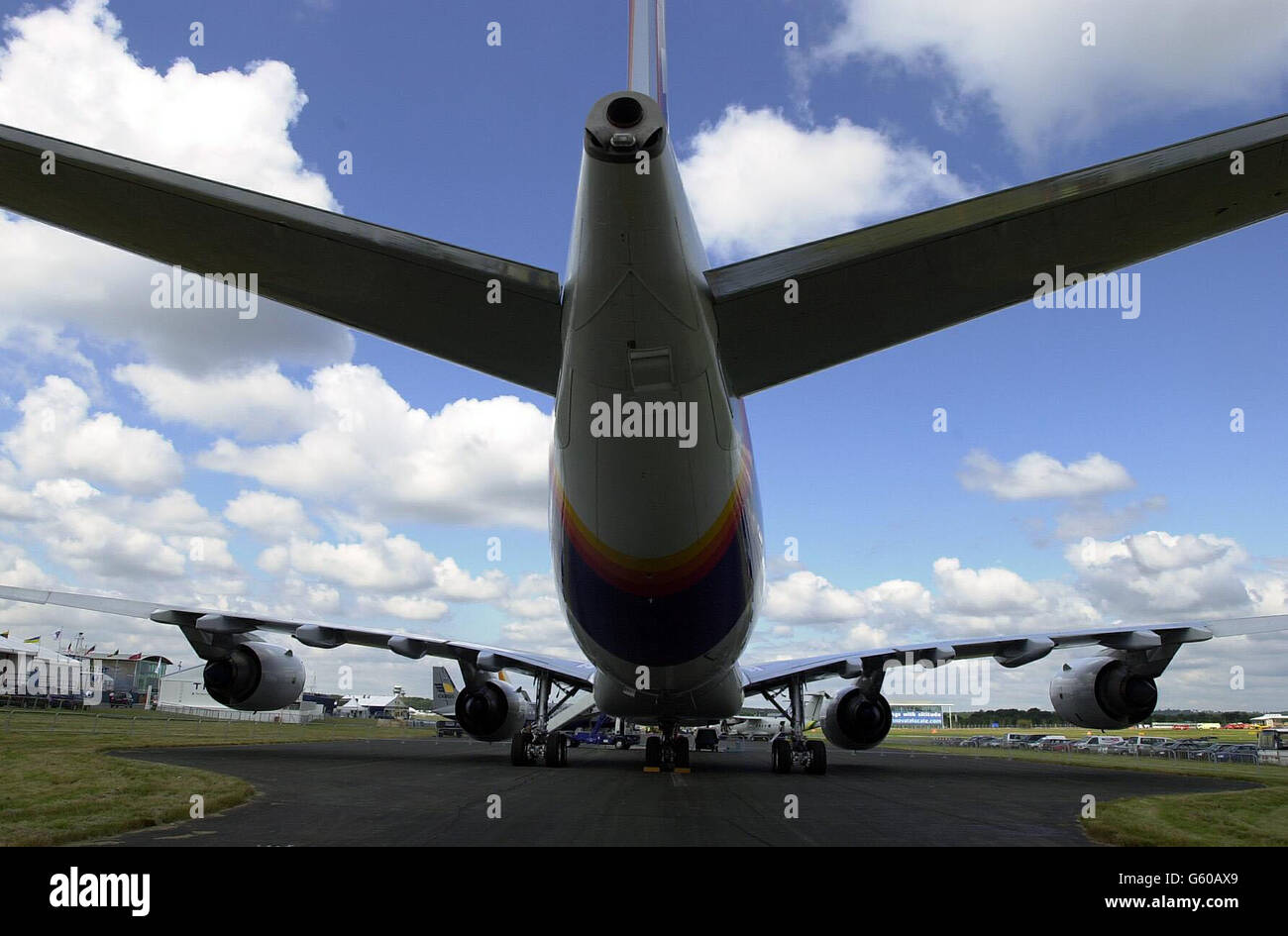The A340-600 Air bus - the largest aircraft on display at the Farnborough air show. Stock Photo