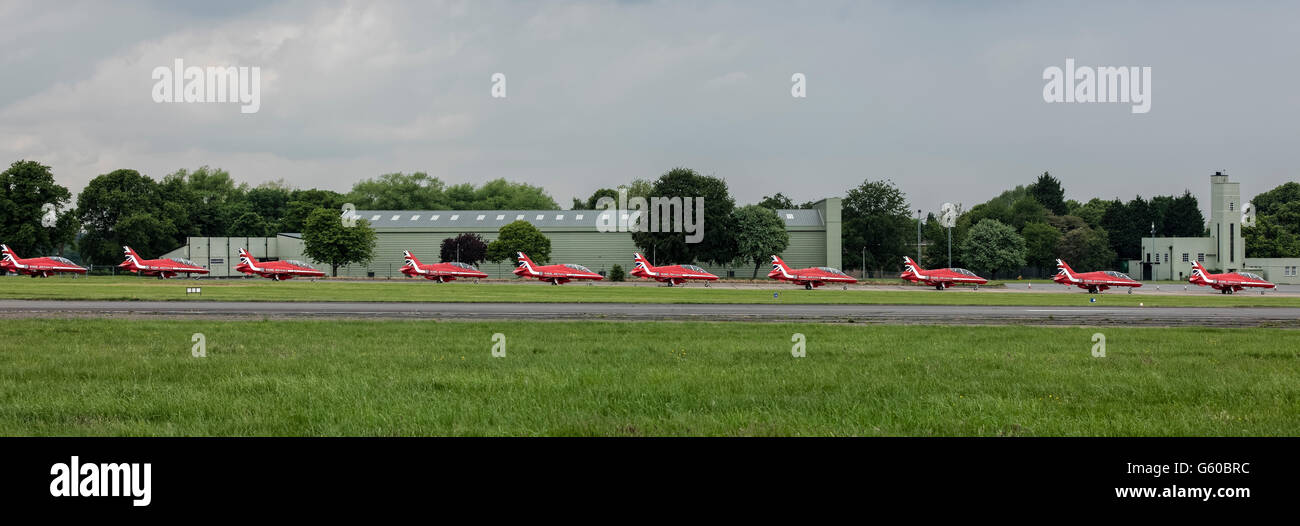 RAF Red Arrows Hawk Jets lining up on the runway at Biggin Hill to take off and perform aerobatics at the Festival of Flight Stock Photo