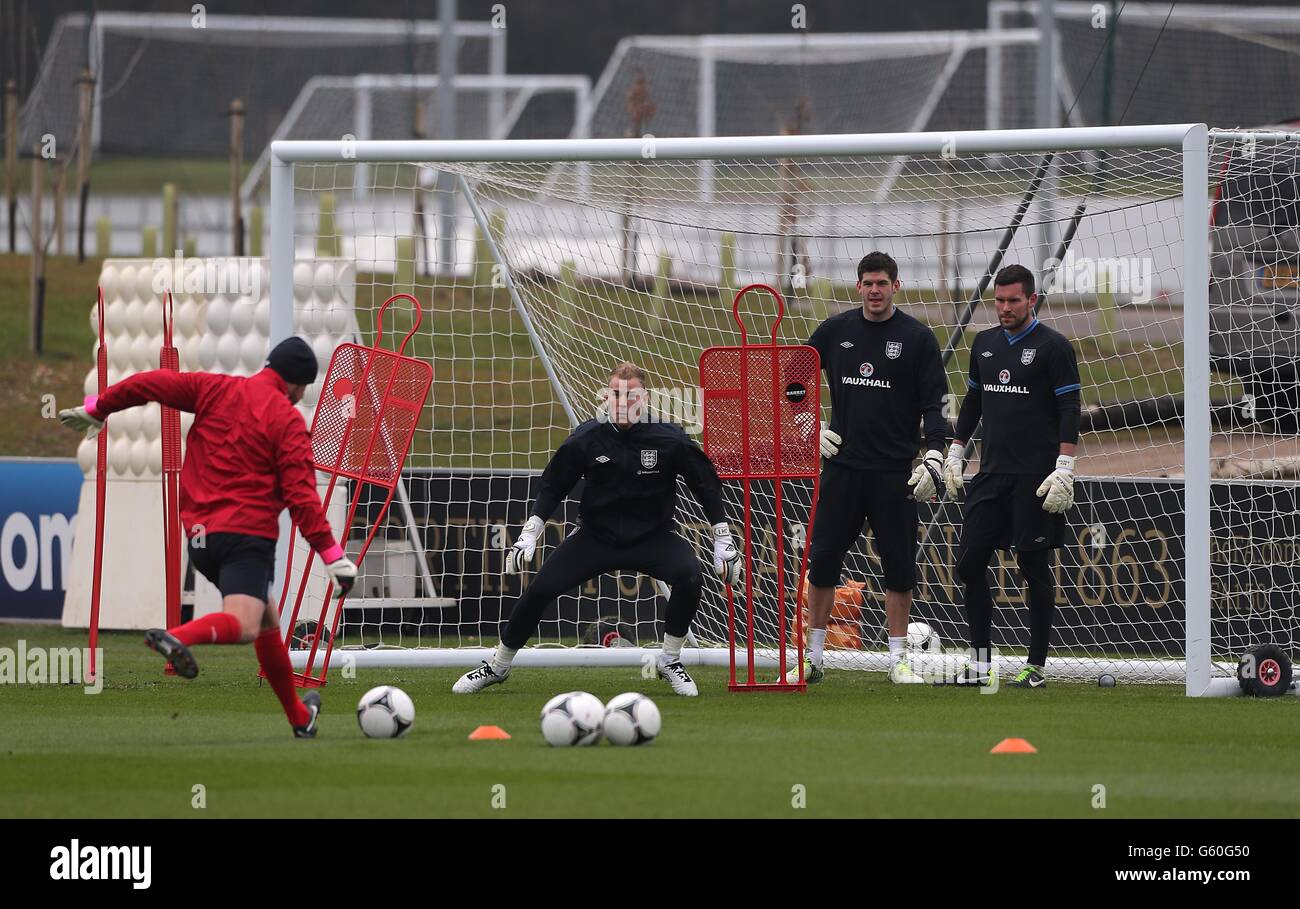 England's goalkeepers (left-right) Joe Hart, Fraser Forster and Ben Foster during training Stock Photo