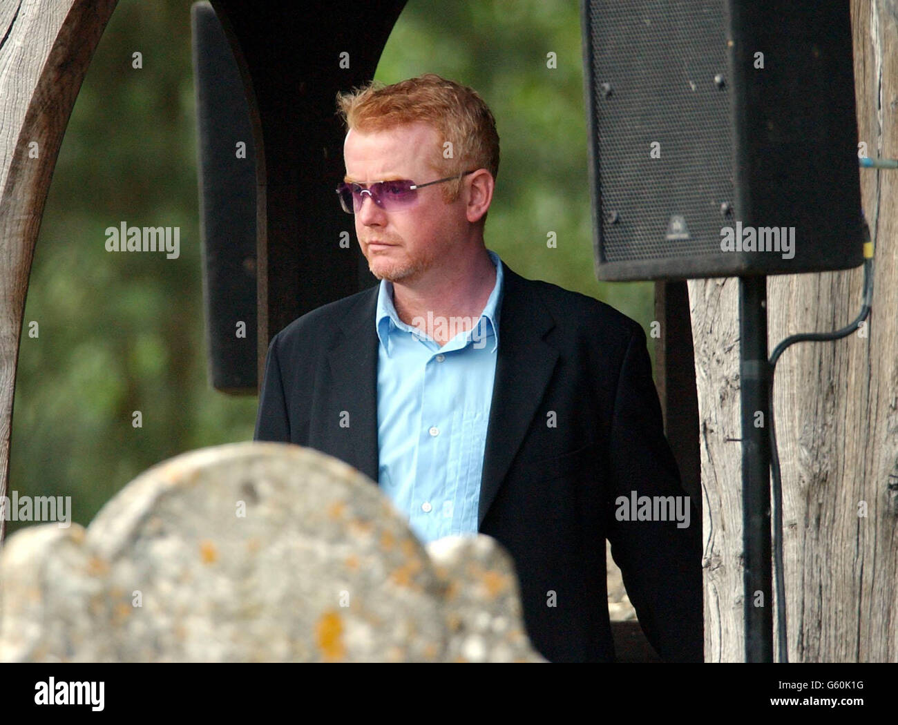 TV personality Chris Evans attends the funeral at Hascombe, Surrey, of his friend James Ward, who died in a sailing accident. Stock Photo