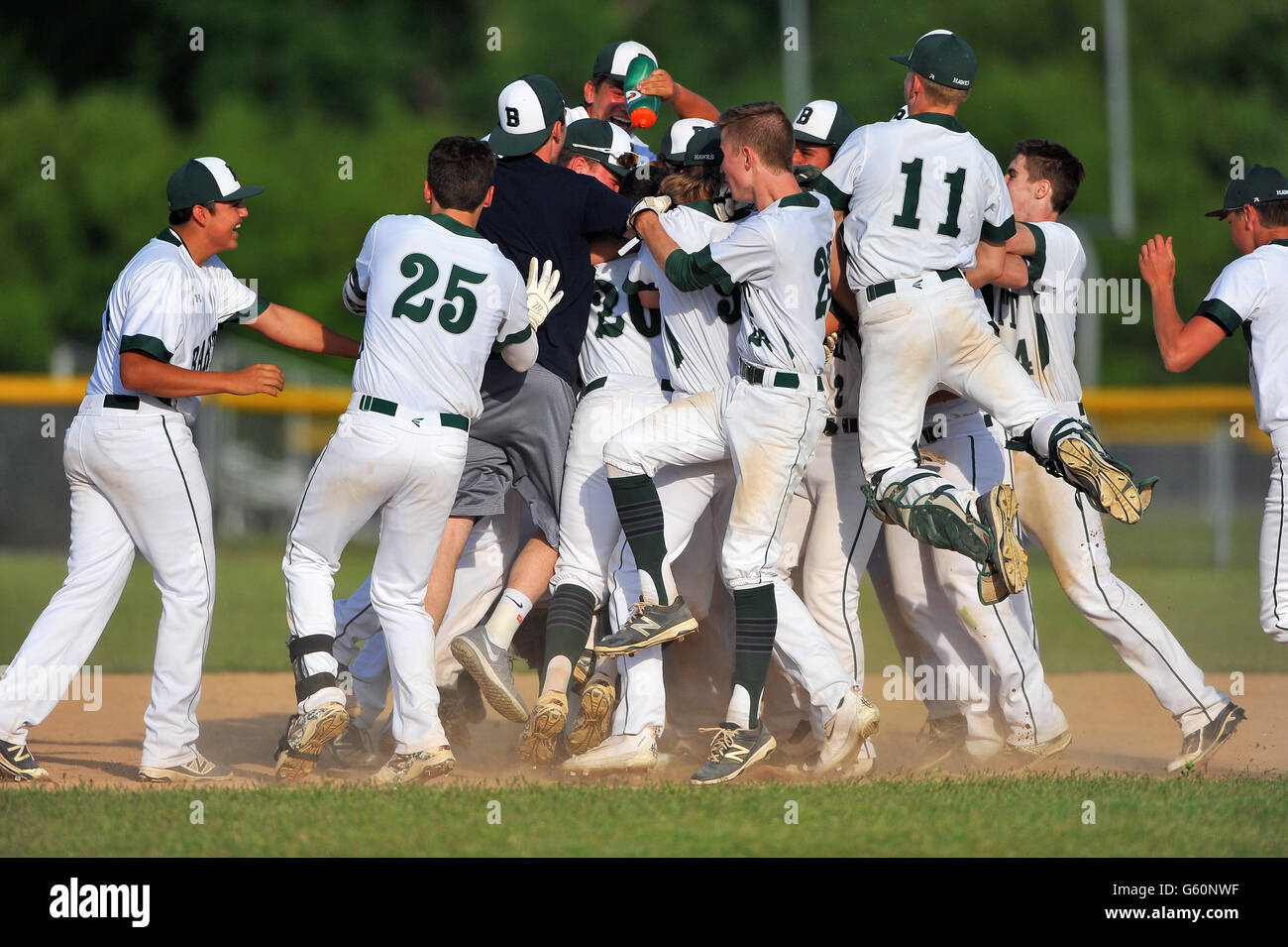 Players celebrating near the pitcher's mound following the final out of