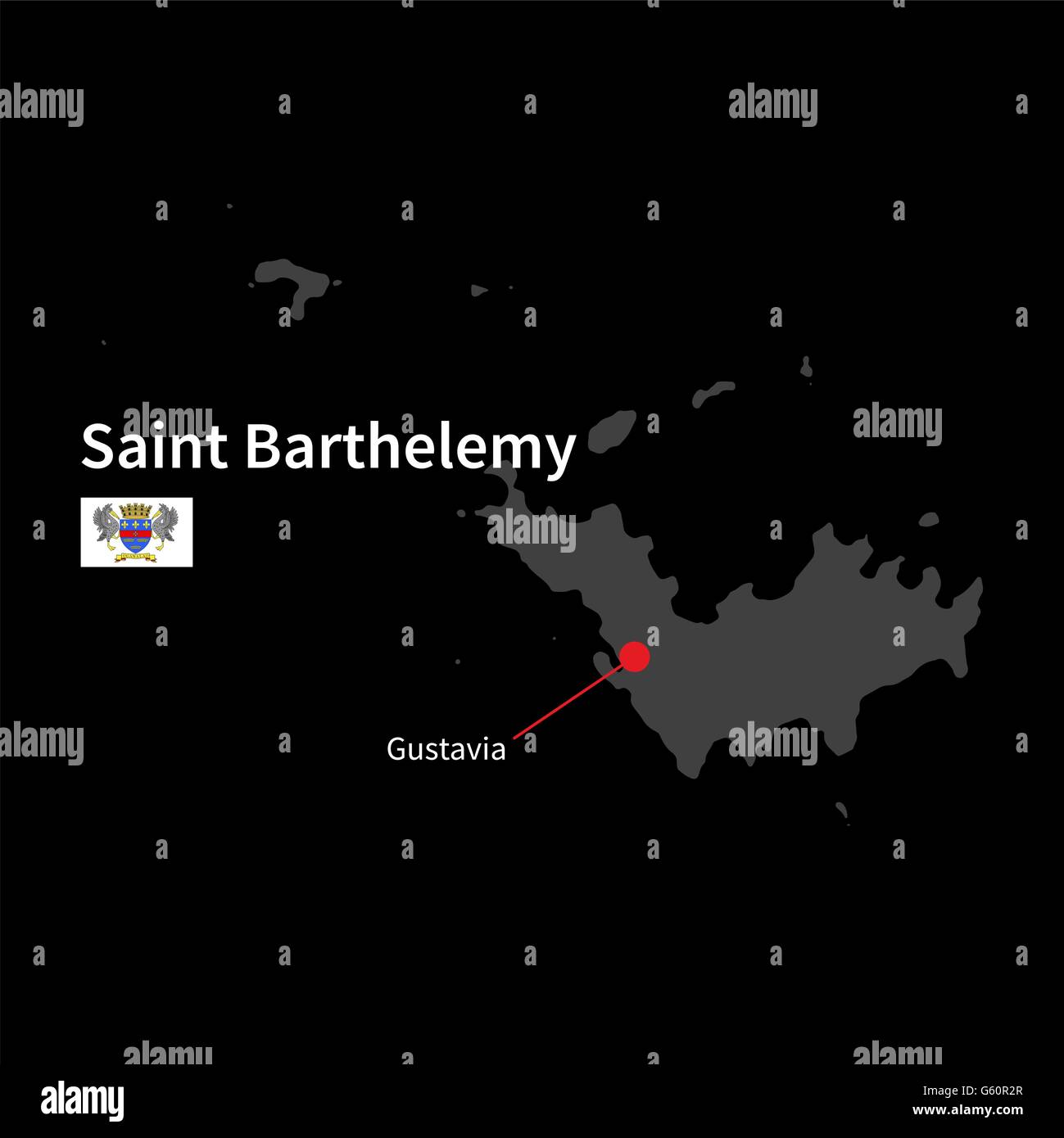 Detailed map of Saint Barthelemy and capital city Gustavia with flag on
