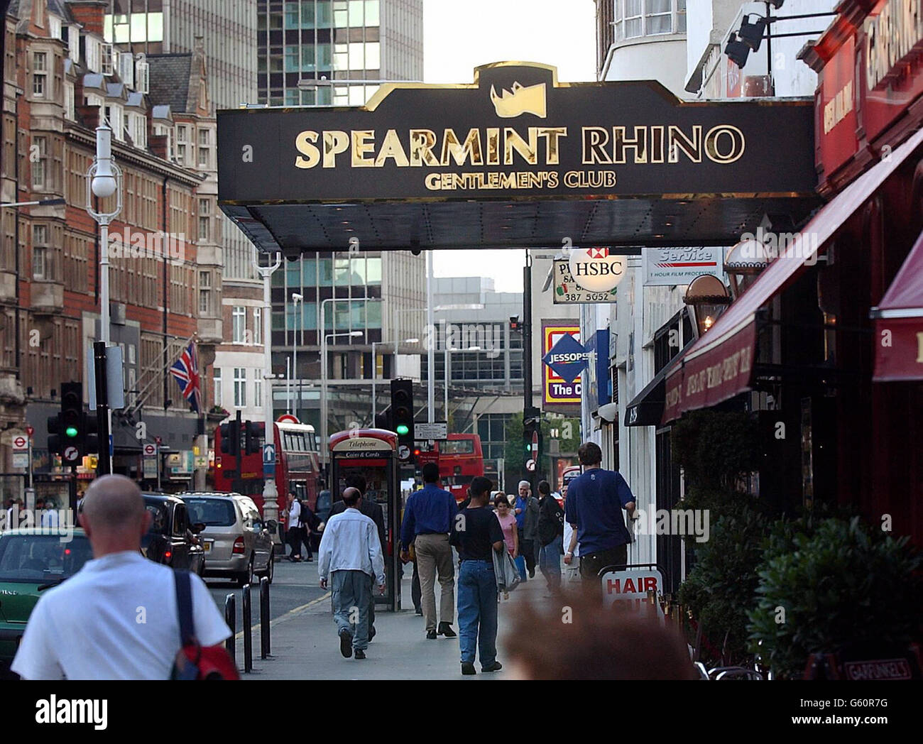 The Spearmint Rhino, in Tottenham Court Road, central London. The flagship lap-dancing club faces losing its liquor licence amid police allegations of indecent conduct on its premises. *The world famous Spearmint Rhino gentlemen's club which is popular with celebrities and City traders, is at the centre of a probe by Scotland Yard's Clubs and Vice Unit. Stock Photo