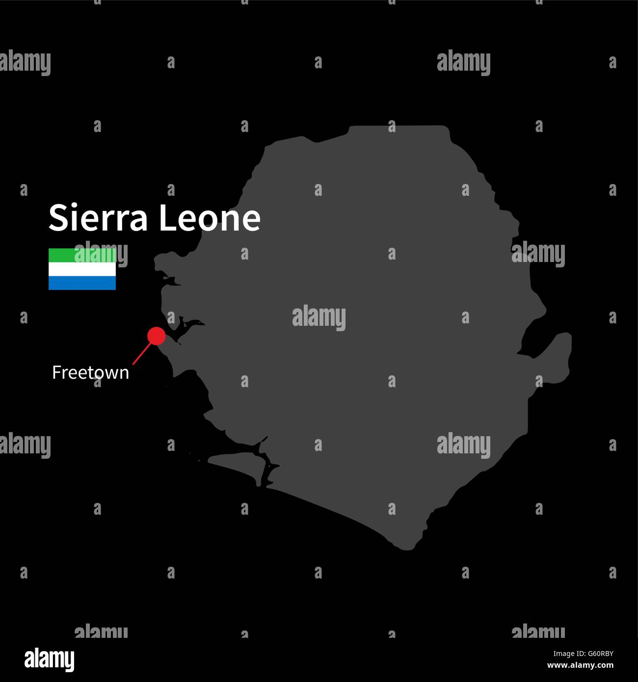 Detailed map of Sierra Leone and capital city Freetown with flag on ...