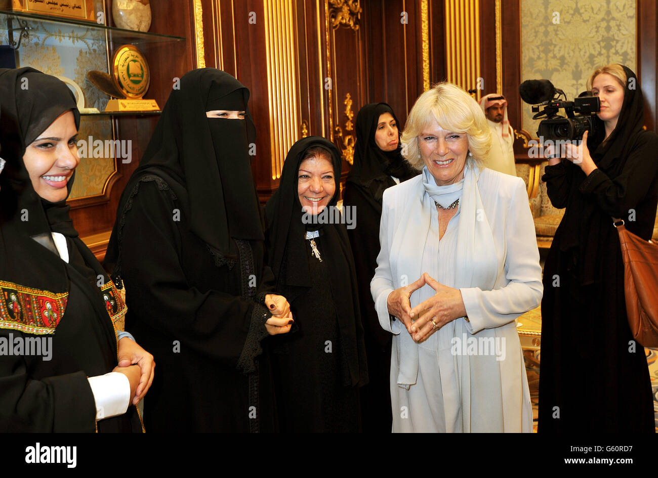 The Duchess of Cornwall talks to some of the first women MP's to sit in the Shura parliament building in Riyadh, the capital of Saudi Arabia. Stock Photo