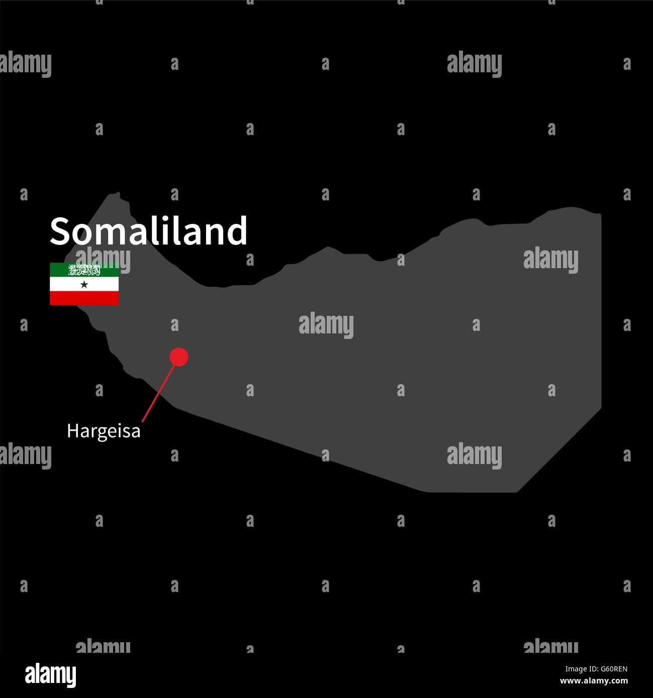Detailed map of Somaliland and capital city Hargeisa with flag on black