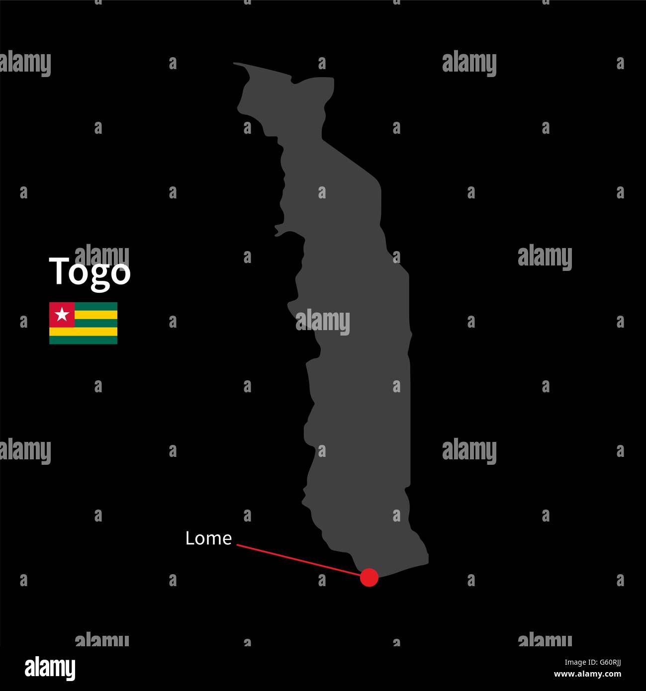 Detailed map of Togo and capital city Lome with flag on black