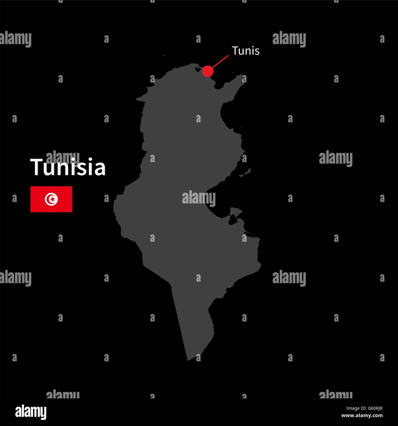 Detailed map of Tunisia and capital city Tunis with flag on black background Stock Vector
