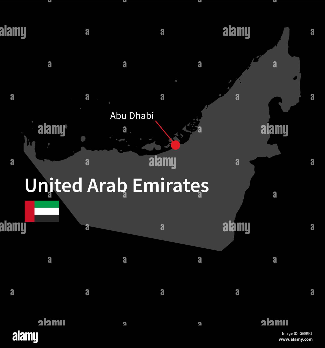 Detailed map of United Arab Emirates and capital city Abu Dhabi with flag on black background Stock Vector