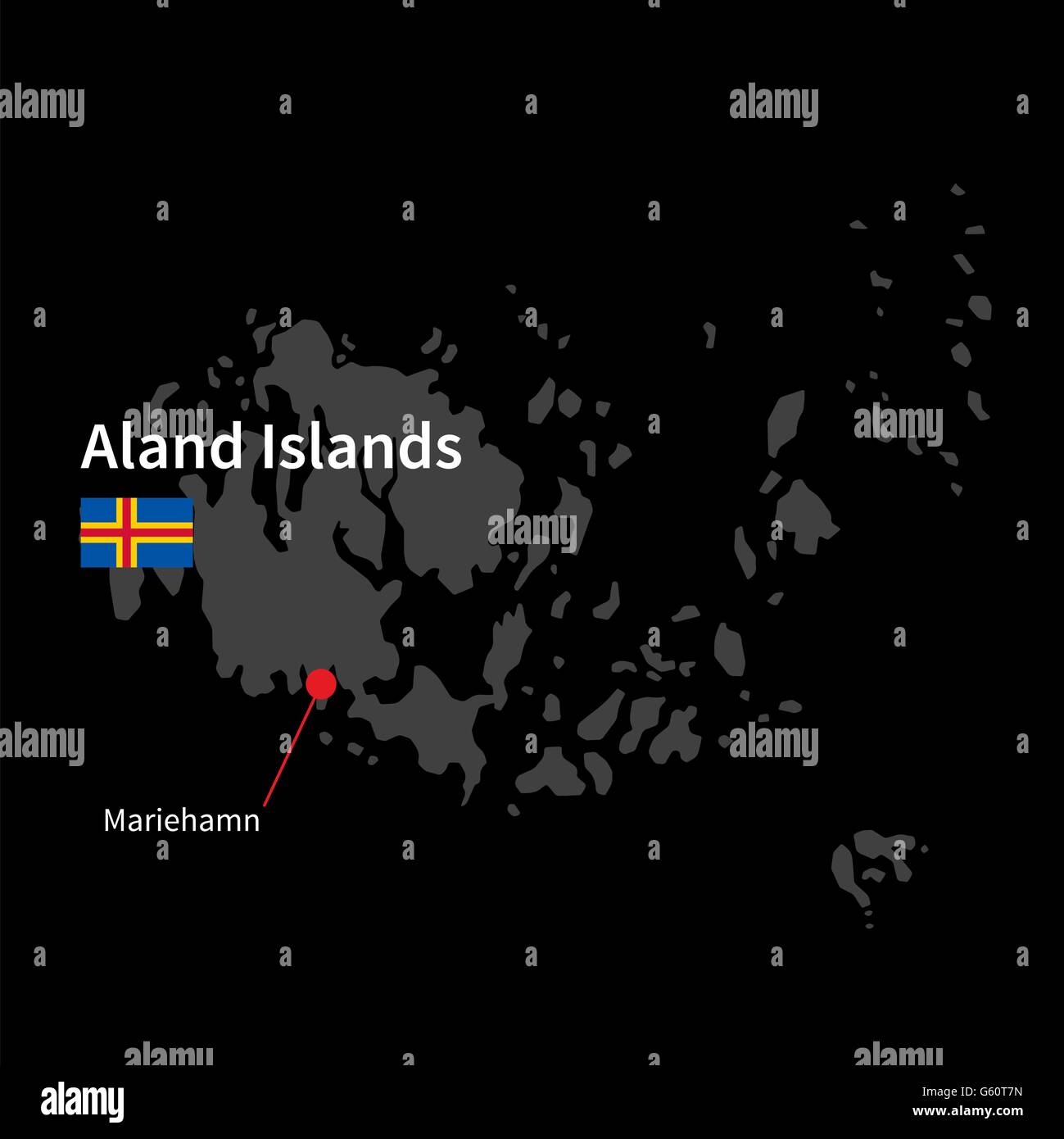 Detailed map of Aland Islands and capital city Mariehamn with flag on black background Stock Vector