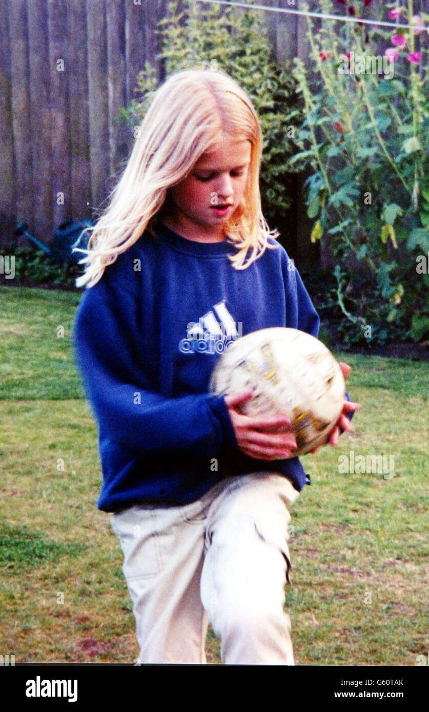 Picture issued by the parents of Holly Wells, aged 10, who disappeared from Soham, Cambridgeshire late on Sunday with her best friend Jessica Chapman, also 10. *Police say the last positive sighting of them was near their homes on the main road into Soham at around 6.30pm on Sunday, but a woman has said that she saw girls who matched Holly's and Jessica's description walk past her house in Little Thetford, Cambridgeshire, at 6.45am on Monday. Both the missing girls were dressed in the identical red Manchester United football shirts with the name Beckham and the number seven on them. Stock Photo