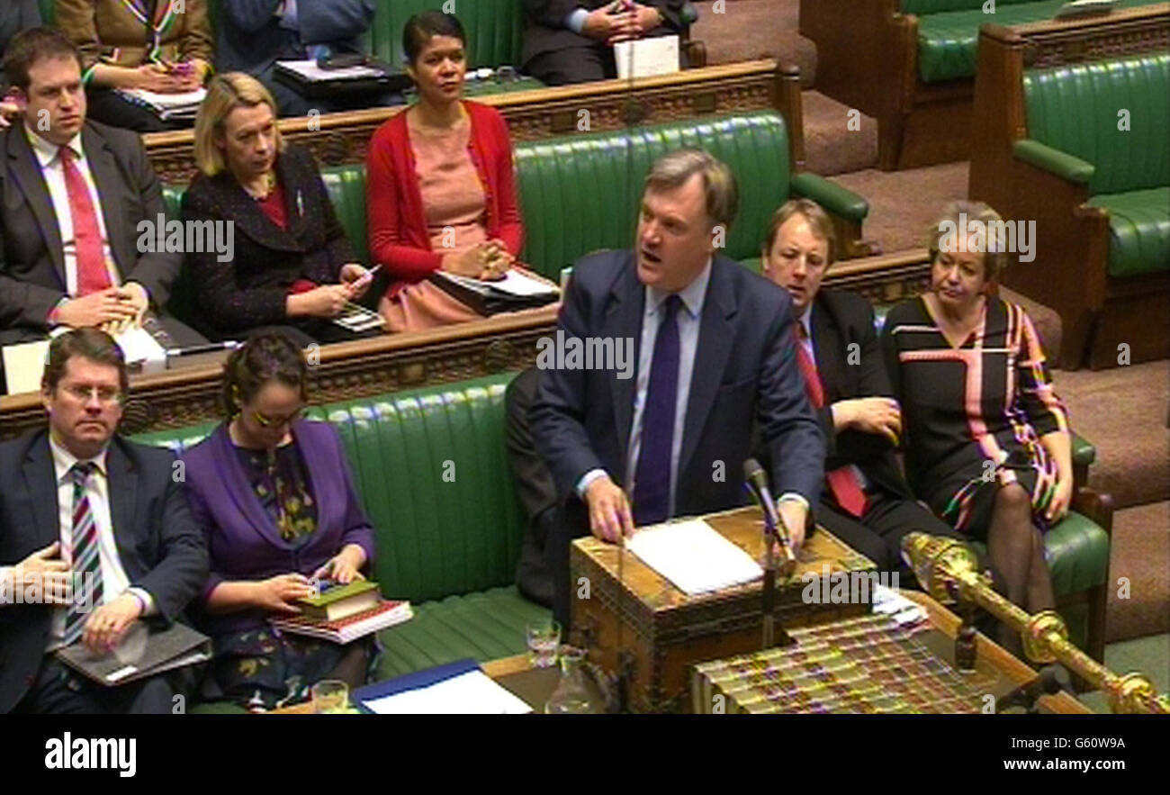 The shadow chancellor Ed Balls delivers his verdict to yesterdays budget by the Chancellor, George Osborne, at the House of Commons in Westminster, London. Stock Photo