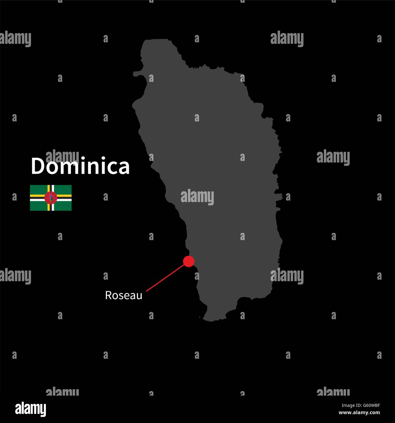 Detailed map of Dominica and capital city Roseau with flag on black
