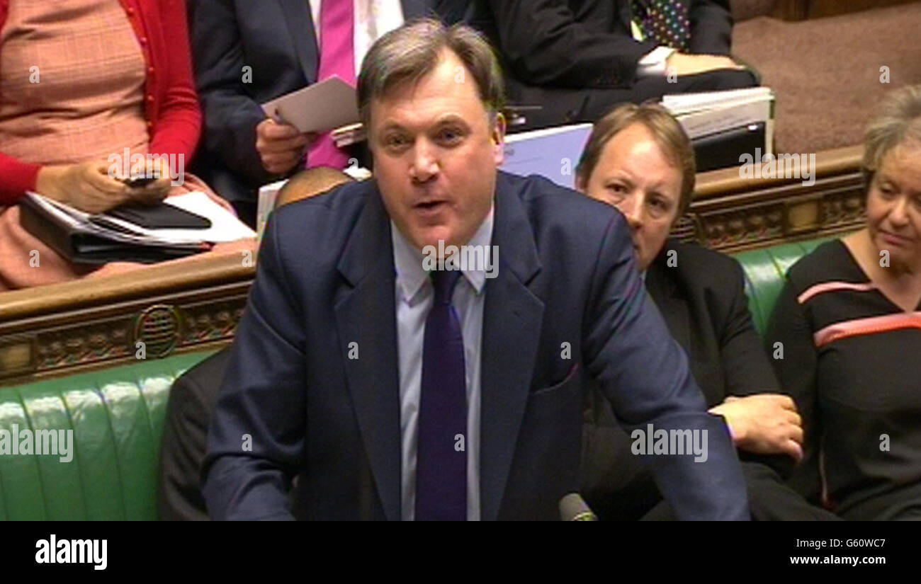 Shadow chancellor Ed Balls as his delivers his verdict to yesterdays budget at the House of Commons in Westminster, London. Stock Photo