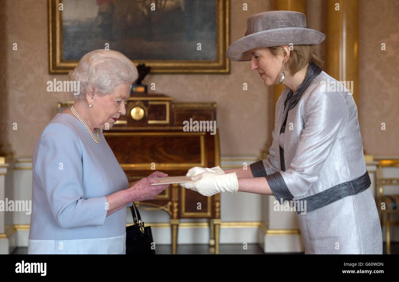 Queen Elizabeth II receives the Ambassador of the Republic of Lithuania, Mrs Asta Skaisgiryte Liauskiene at Buckingham Palace in London where she presented her Credentials. Stock Photo