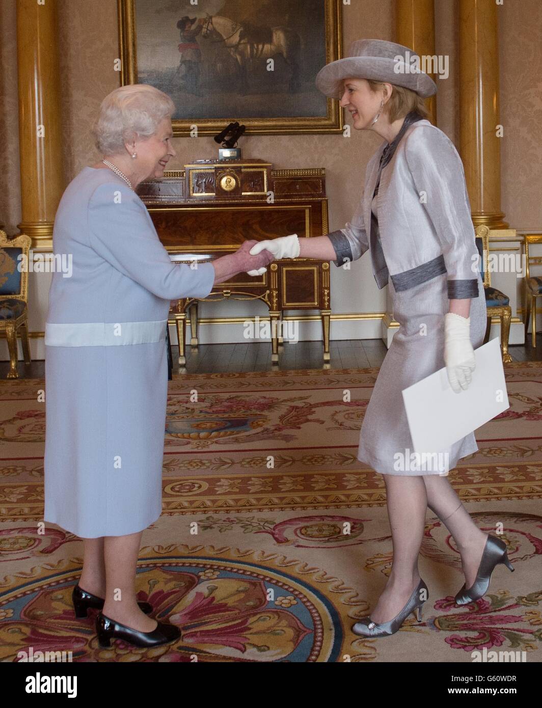 Queen Elizabeth II receives the Ambassador of the Republic of Lithuania, Mrs Asta Skaisgiryte Liauskiene at Buckingham Palace in London where she presented her Credentials. Stock Photo