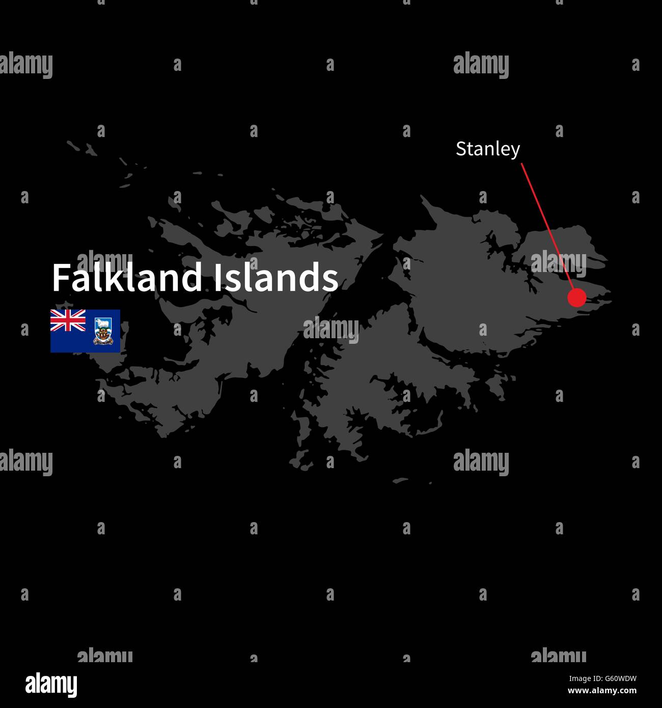 Detailed map of Falkland Islands and capital city Stanley with flag on