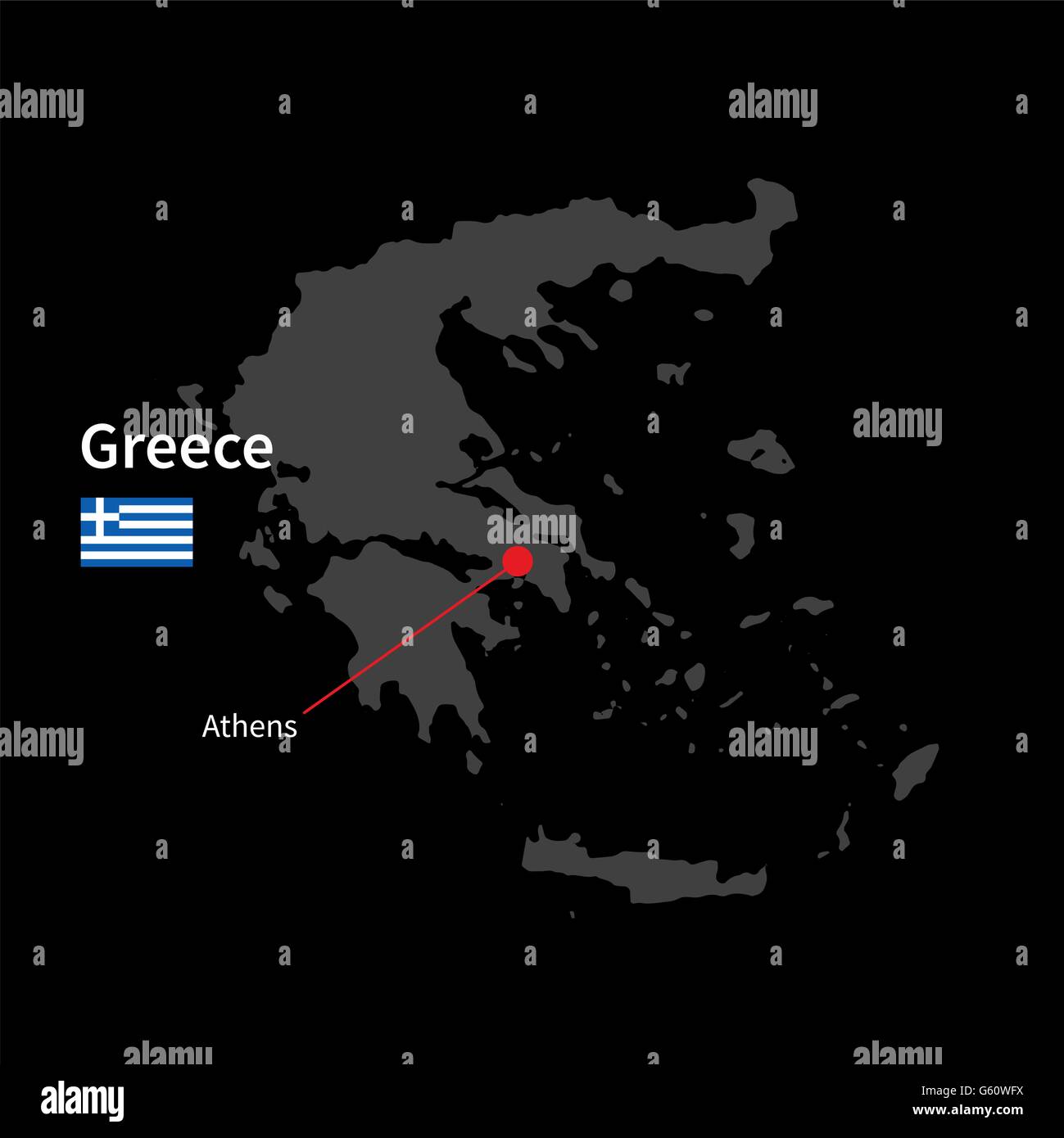 Detailed map of Greece and capital city Athens with flag on black background Stock Vector