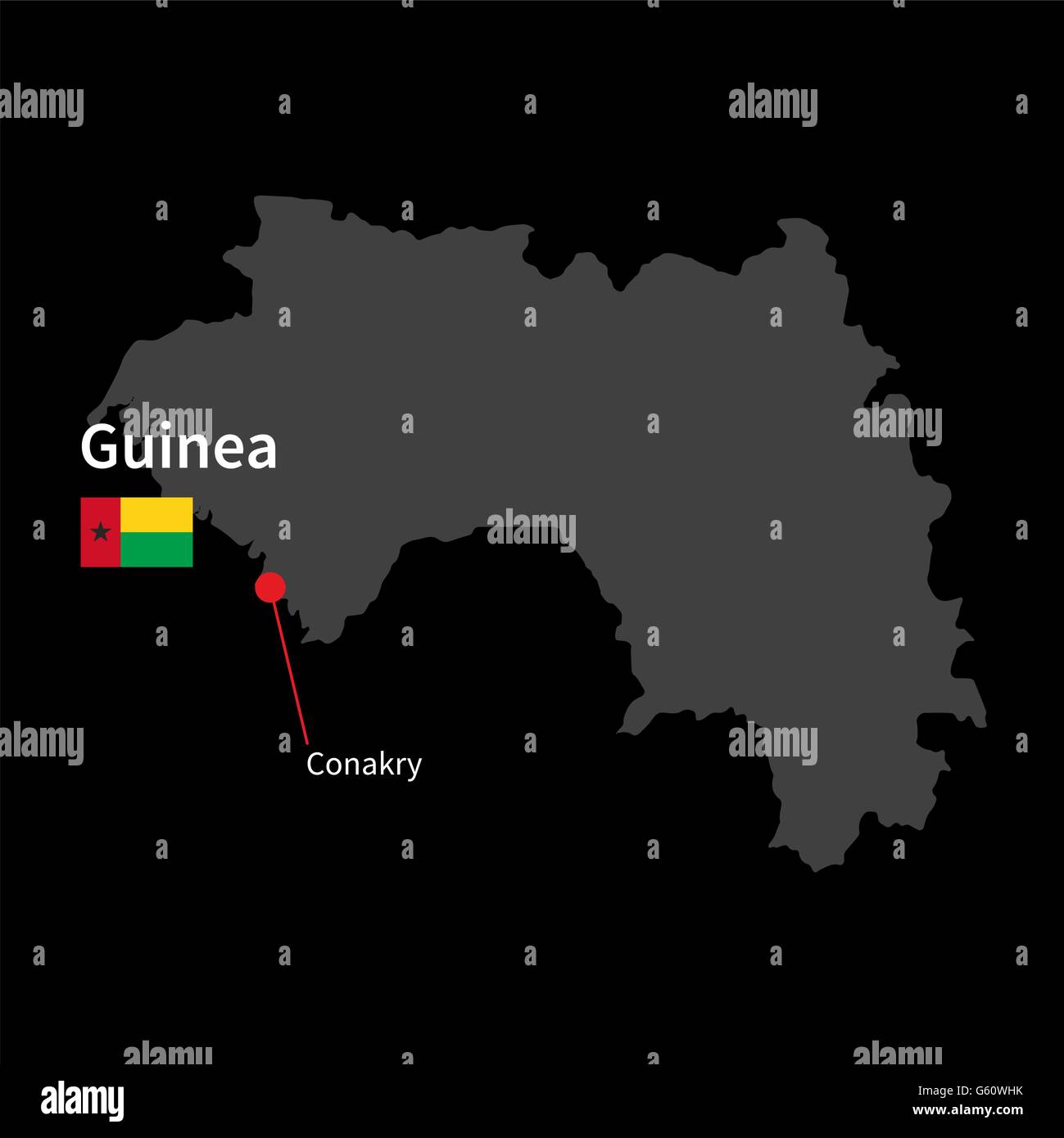 Detailed map of Guinea and capital city Conakry with flag on black background Stock Vector Image