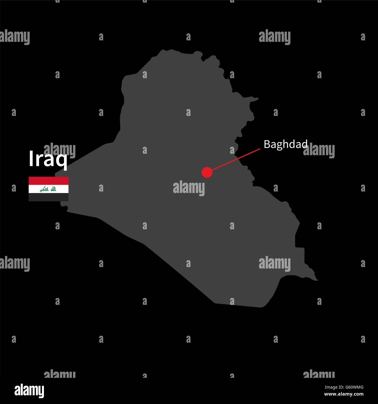 Detailed map of Iraq and capital city Baghdad with flag on black ...