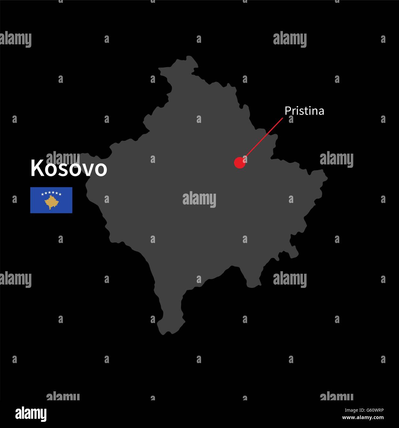 Detailed map of Kosovo and capital city Pristina with flag on black