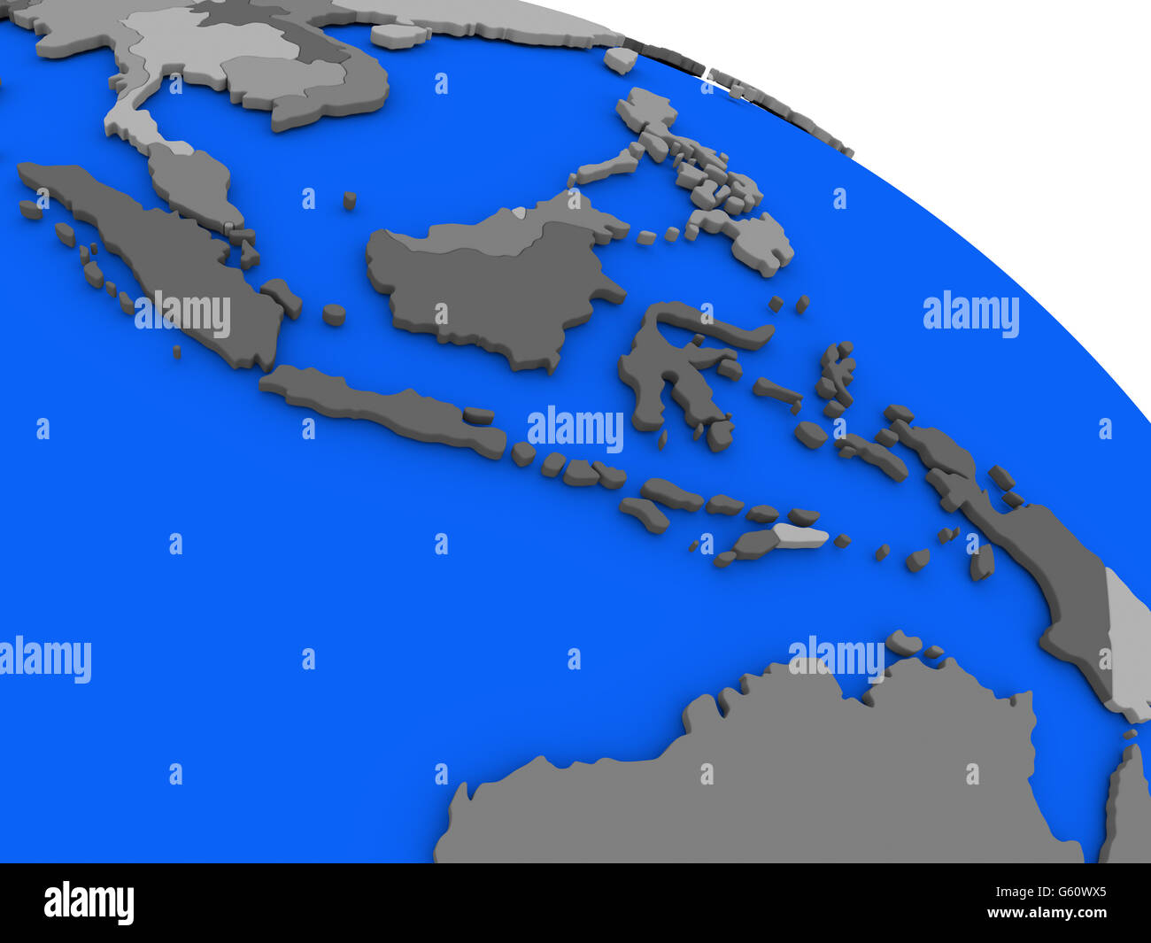 Map of Indonesia on 3D model of Earth with countries in various shades of grey and blue oceans. 3D illustration Stock Photo