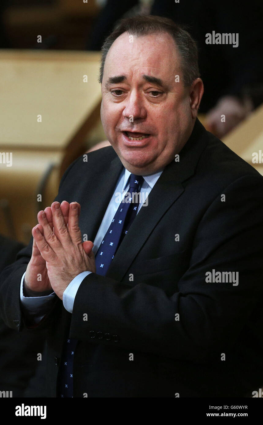 Scottish First Minister Alex Salmond reacts during First Ministers Question Time at Scottish Parliament in Edinburgh. Stock Photo