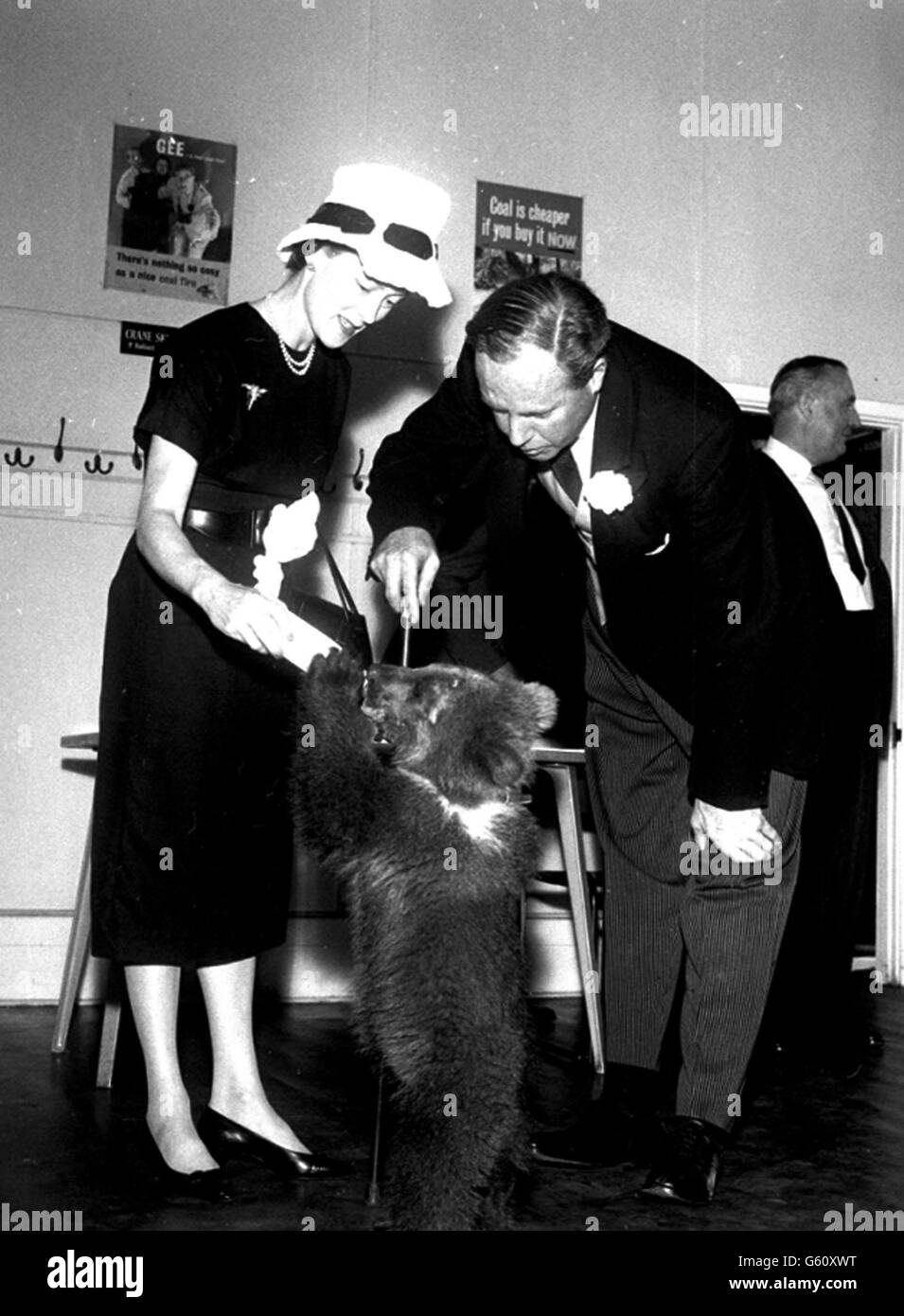 Minister of Power Mr Richard Wood and his wife refuel Cosy, the live bear mascot of the Coal Untilisation Council's Training Centre on their vists to inspect the training facilities. Stock Photo