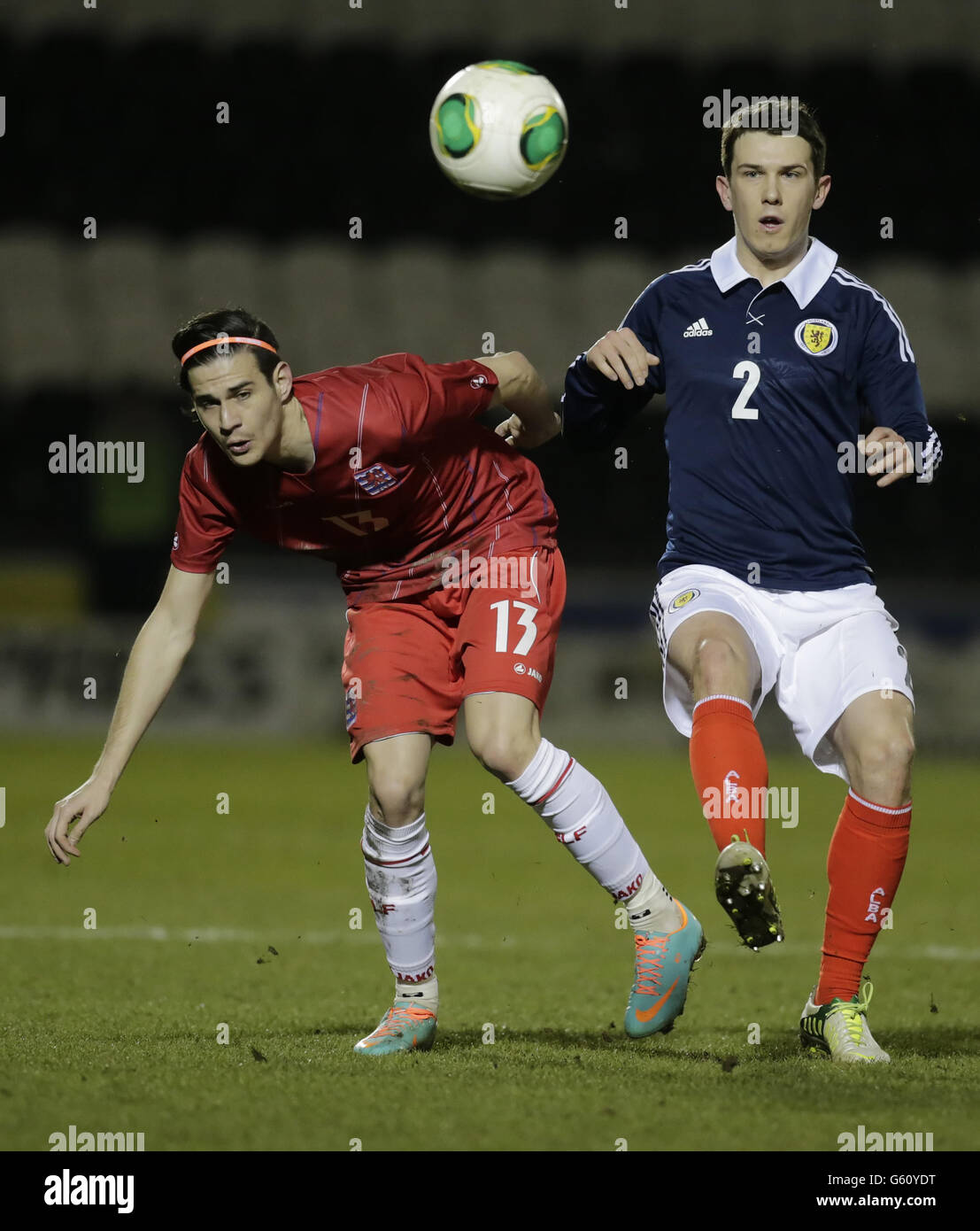 Scotland's Ryan Jack and Luxembourgh's Ken Corral fight for the ball during the UEFA European Under 21's Qualifying match at St Mirren Park, Paisley. Stock Photo