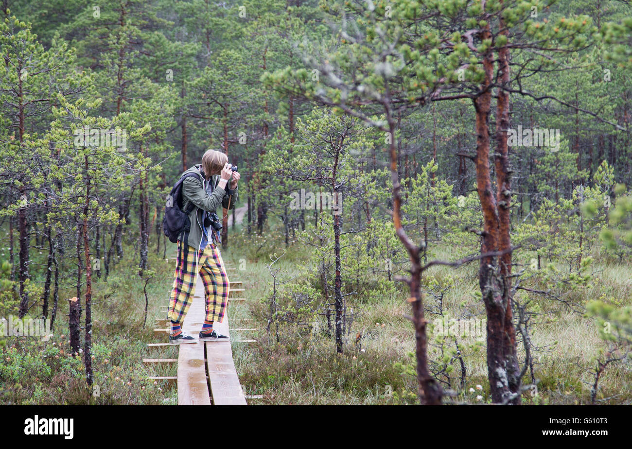 A young photographer taking pictures of  landscape in Kakerdaya Bog, Korvemaa, Estonia Stock Photo
