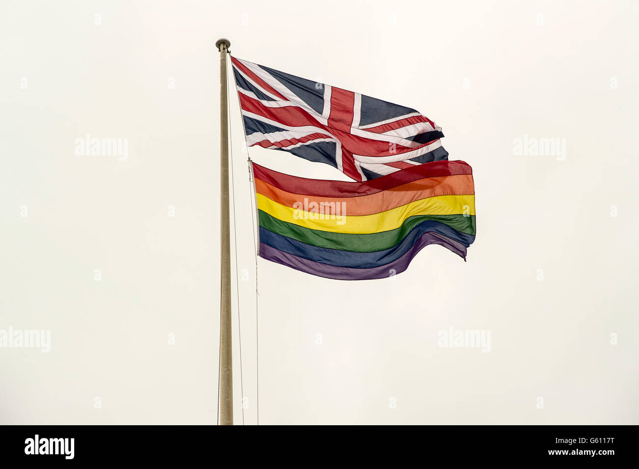 Government buildings in London fly the Rainbow flag alongside the Union Jack to celebrate Pride week 2016 from June 10-26 Stock Photo