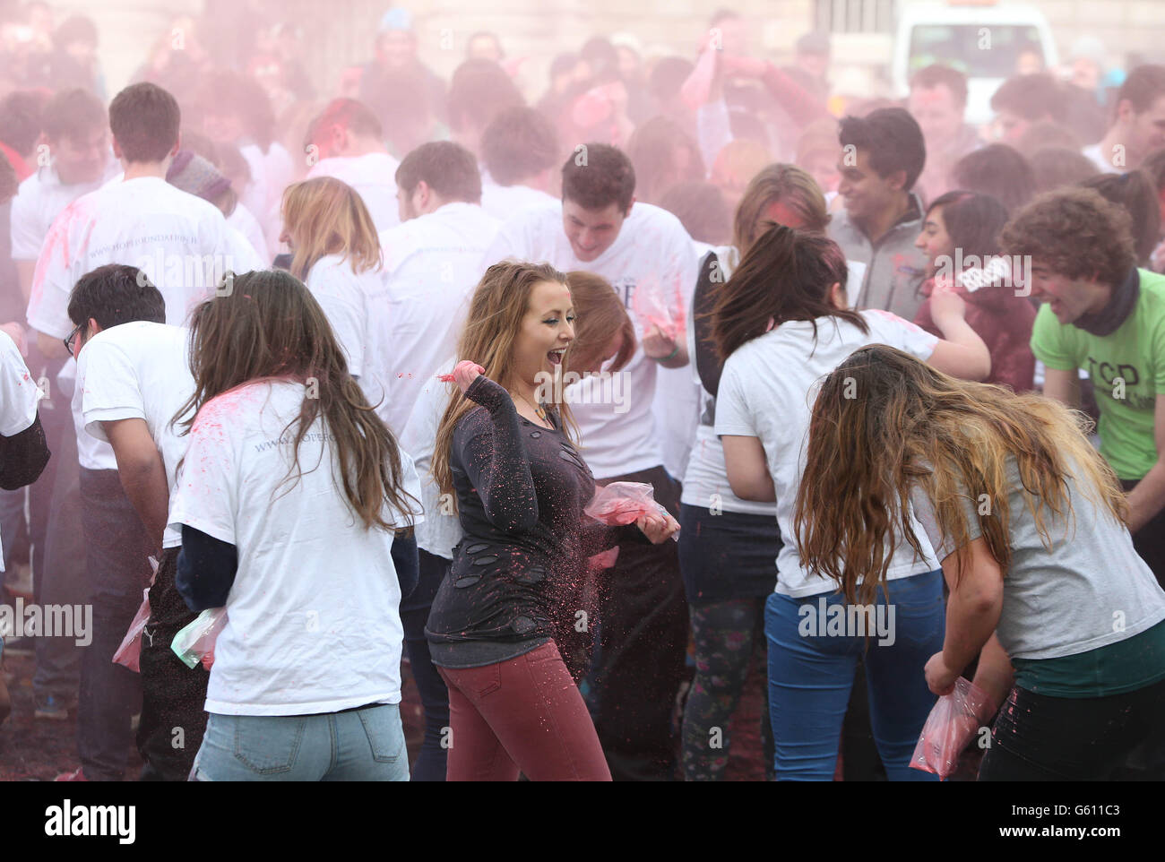 Hundreds of Trinity students celebrate Holi, the Indian Festival of Colours, in the college front square today in Dublin, Ireland. PRESS ASSOCIATION Photo. Picture date: Wednesday March 27, 2013. PRESS ASSOCIATION Photo. Picture date: Wednesday March 27, 2013.Photo credit should read: Niall Carson/PA Wire Stock Photo