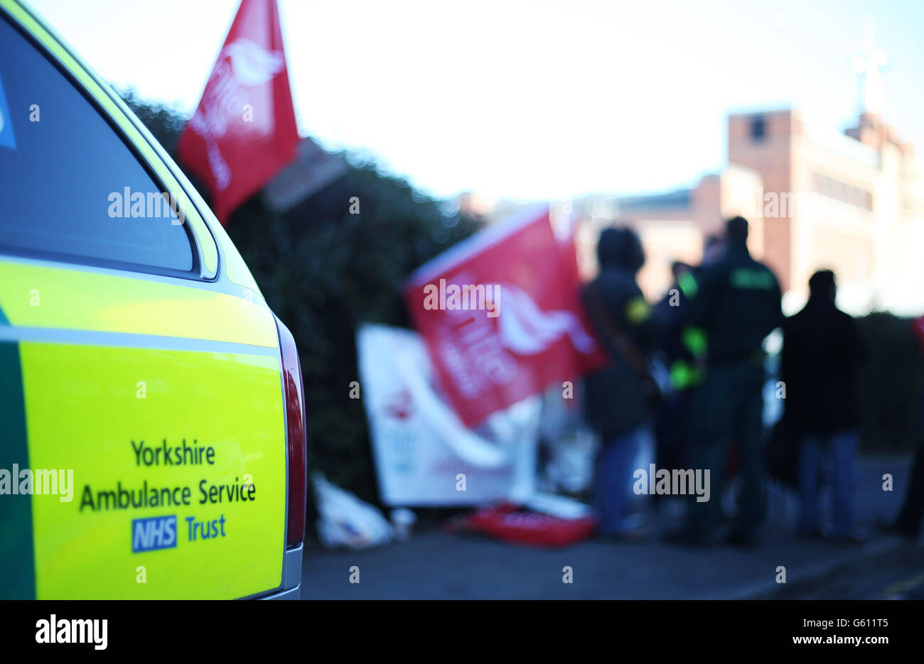 The picket line outside the Leeds offices of the Ambulance Service NHS
