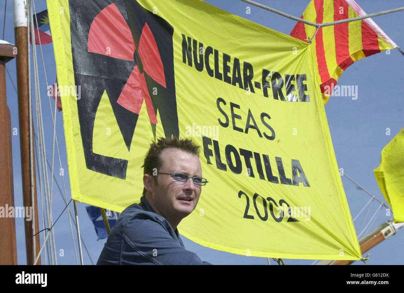Irish musician Jim Corr shows his support for a flotilla of boats headed by the Greenpeace vessel Rainbow Warrior, as it leaves Dublin Harbou. The flotilla is protesting against a nuclear shipment bound for the Sellafield nuclear reprocessing plant in the UK, from Japan. *....A long line of celebrities including Bob Geldof and Ali Hewson, wife of U2 frontman Bono, have already campaigned against Sellafield and the nuclear shipment. Stock Photo