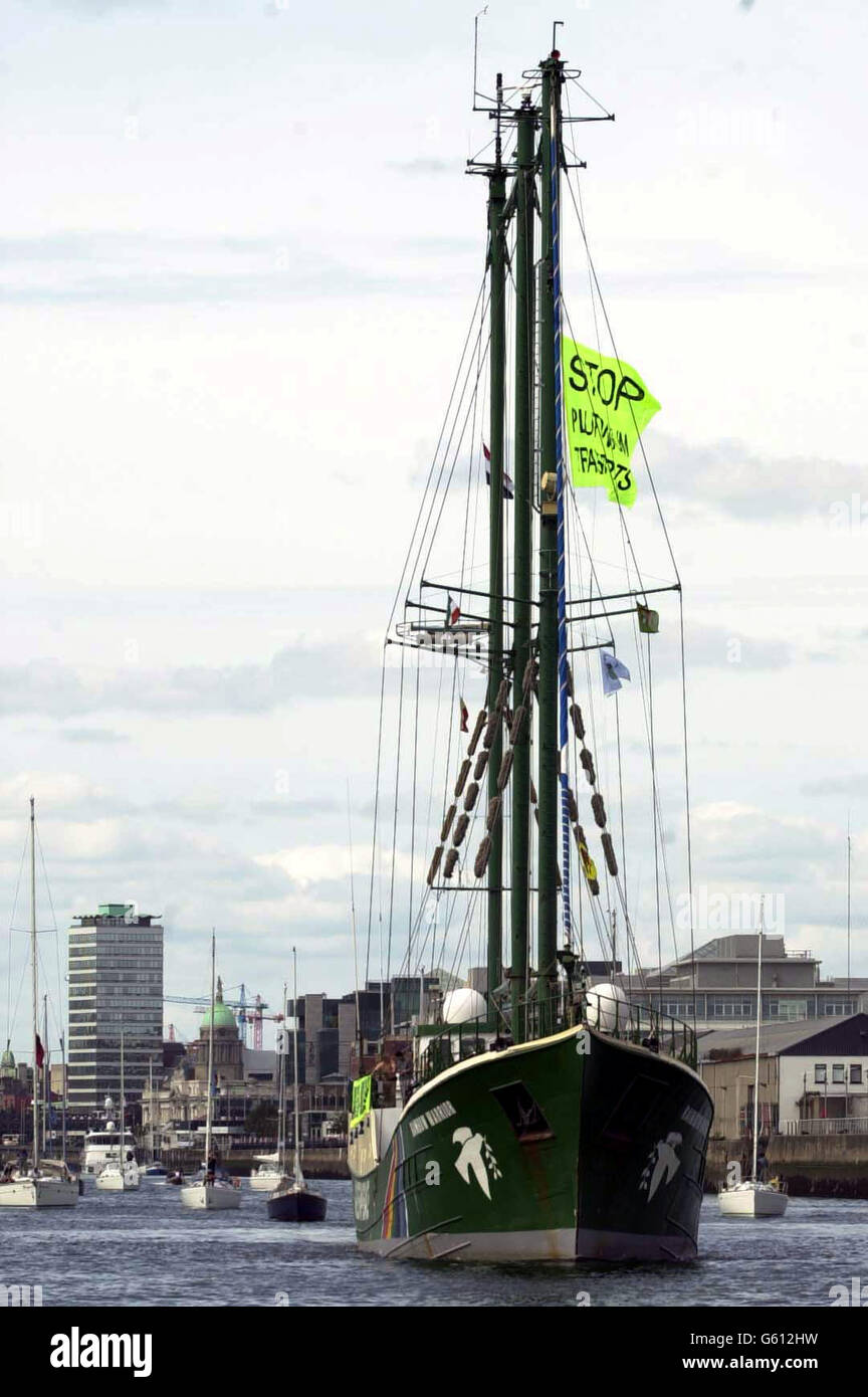 The Greenpeace vessel, the Rainbow Warrior leads a flotilla of boats out of Dublin Harbour. The flotilla is protesting against a nuclear shipment bound for the Sellafield nuclear reprocessing plant in the UK, from Japan. *...A long line of celebrities including Bob Geldof and Ali Hewson, wife of U2 frontman Bono, have already campaigned against Sellafield and the nuclear shipment. Stock Photo