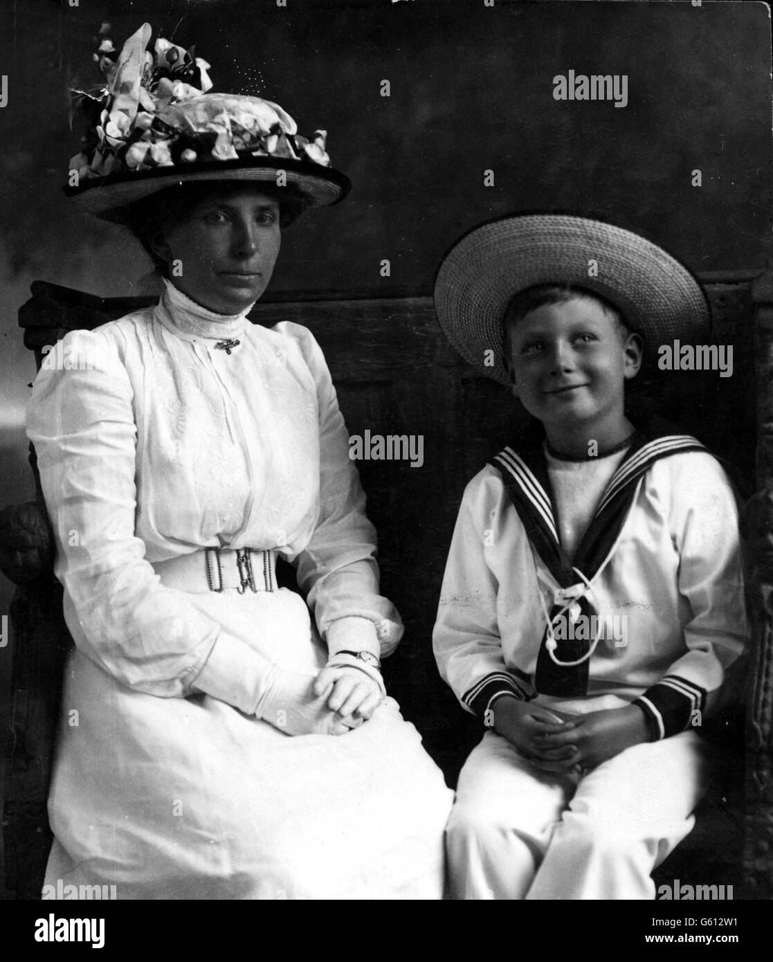 Eight year old Prince John, son of King George V and Queen Mary, poses with his devoted nanny, Lalla Bill, in 1914. Mrs Bill cared for the young prince from birth and became his sole companion when he was moved permanently to Wood Farm in 1917. Stock Photo