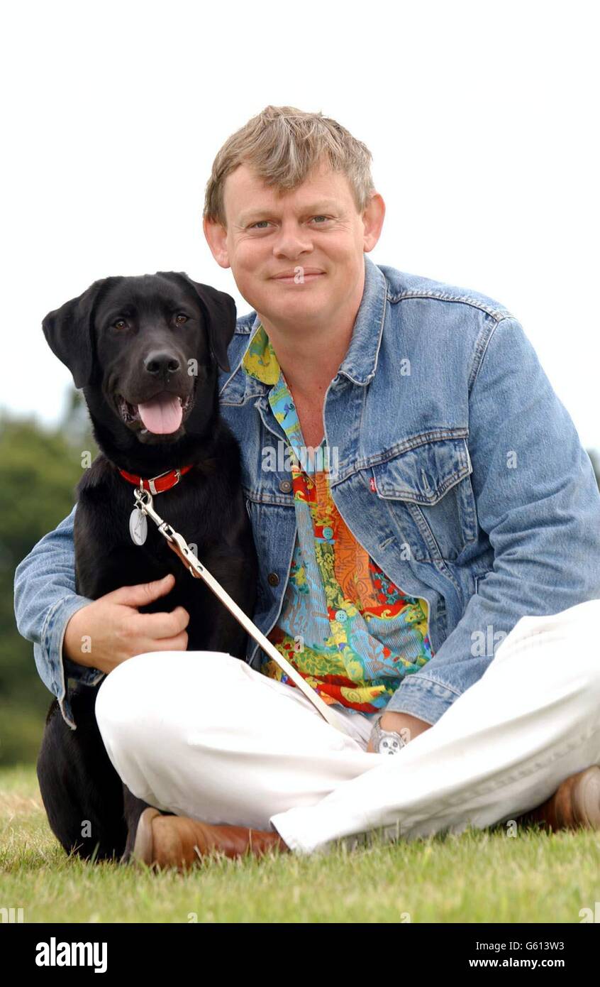 Actor Martin Clunes, the voice of the television cartoon character dog 'Merlin', with an eight-month old guide dog also named Merlin, who is being trained at The Guide Dogs for the Blind Association training centre in Woodford, Essex. Stock Photo