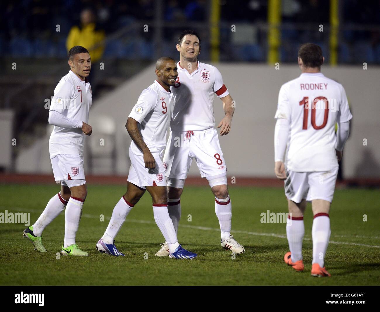 England's Jermaine Defo (second left) celebrates his goal during the 2014 World Cup Qualifier at Serravalle Stadium, Serravalle, San Marino. Stock Photo