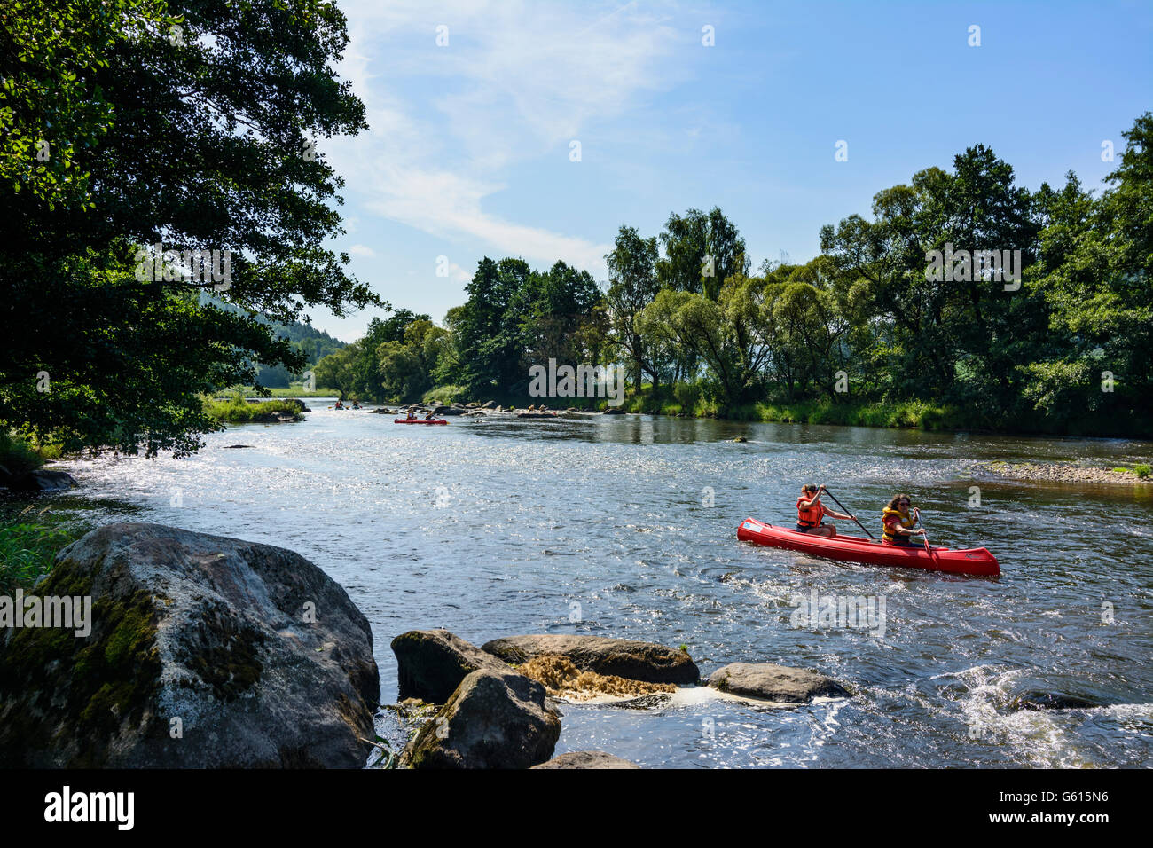 paddlers, canoeists, canoe, river Regen, Miltach, Germany, Bayern, Bavaria, Oberpfalz, Upper Palatinate Stock Photo
