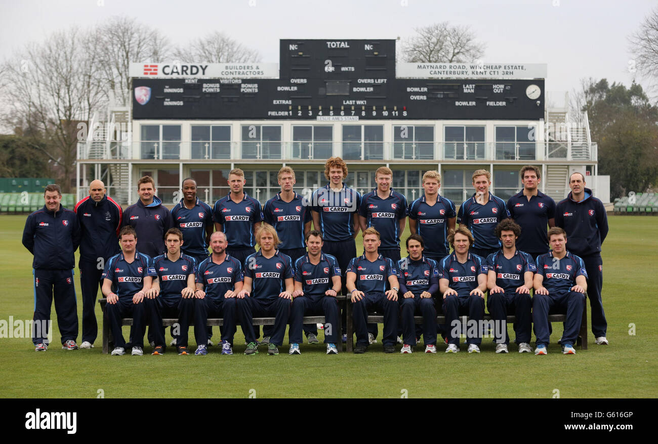 The Kent County Cricket squad pose for a team picture during their media day at the St. Lawrence ground, Canterbury. Stock Photo