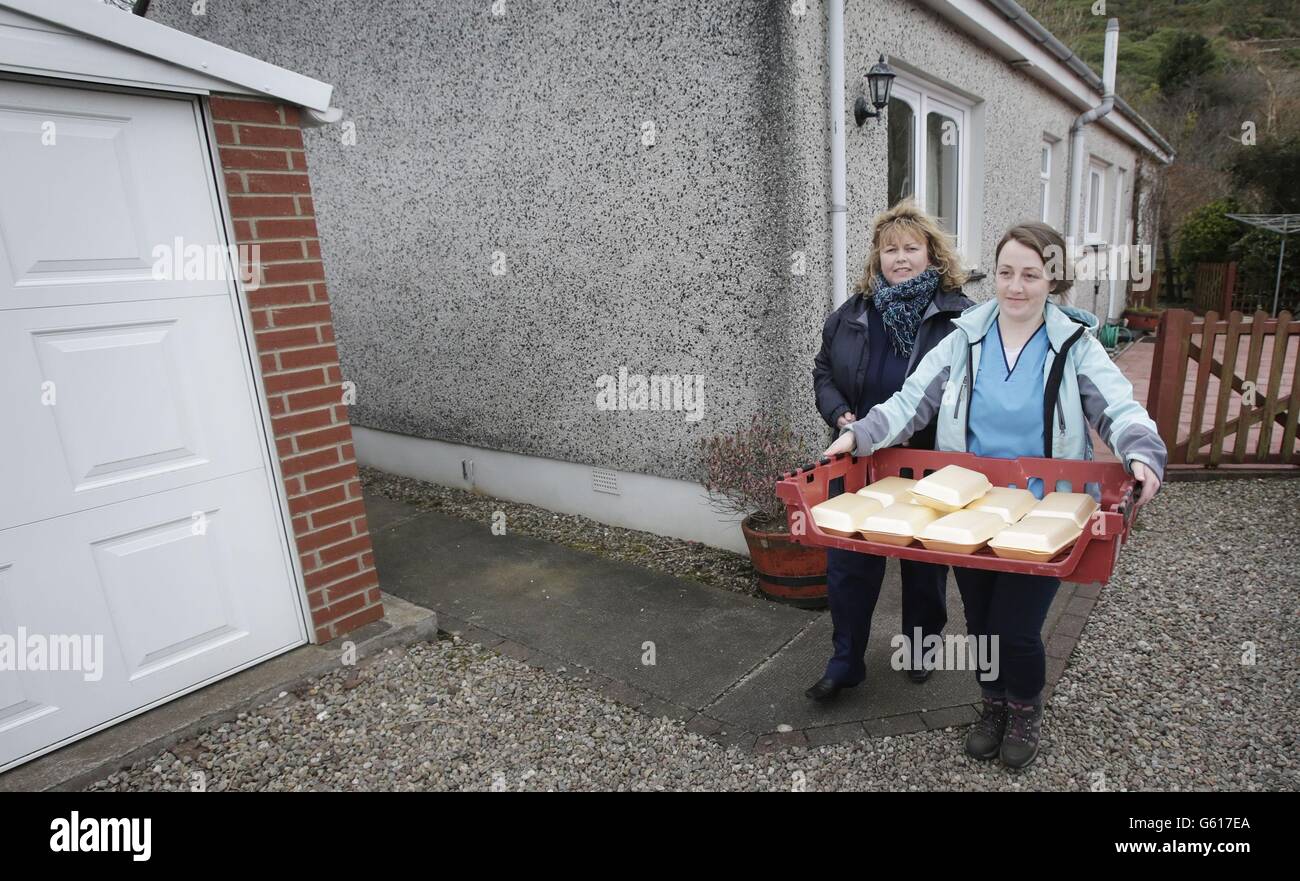 Food is delivered to the local community in Campbeltown as communities face a fourth day without power. Stock Photo